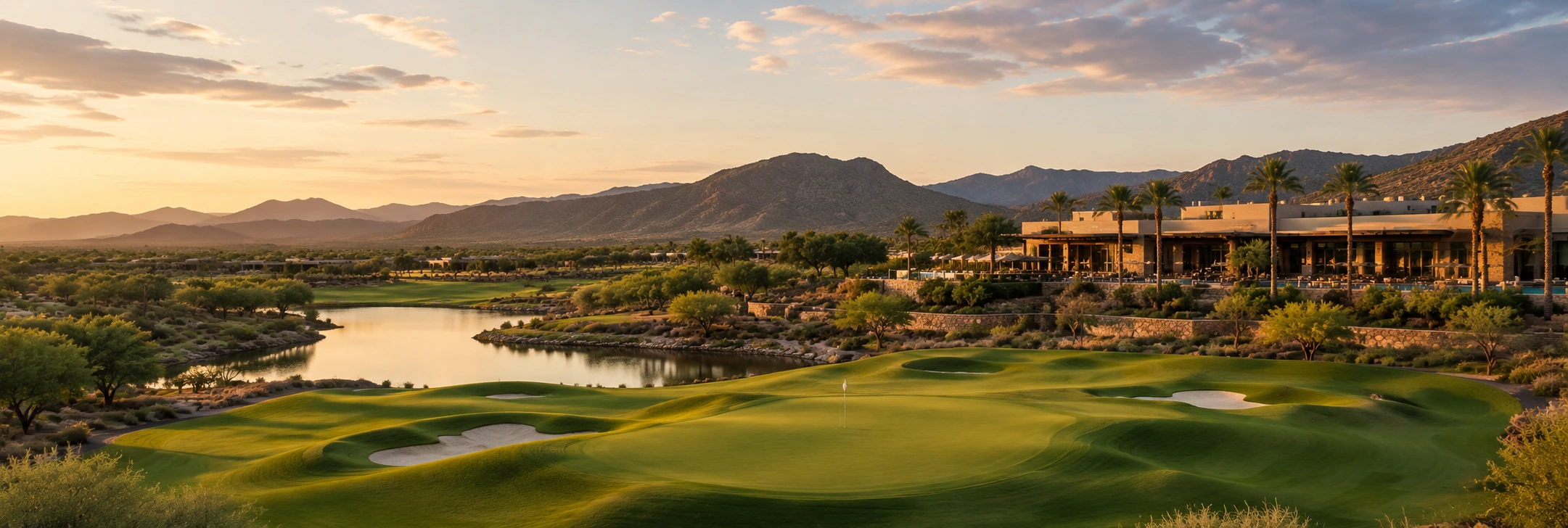 Panoramic luxury golf resort at golden hour — manicured fairways, reflective lakes, palm trees, and dramatic desert mountains