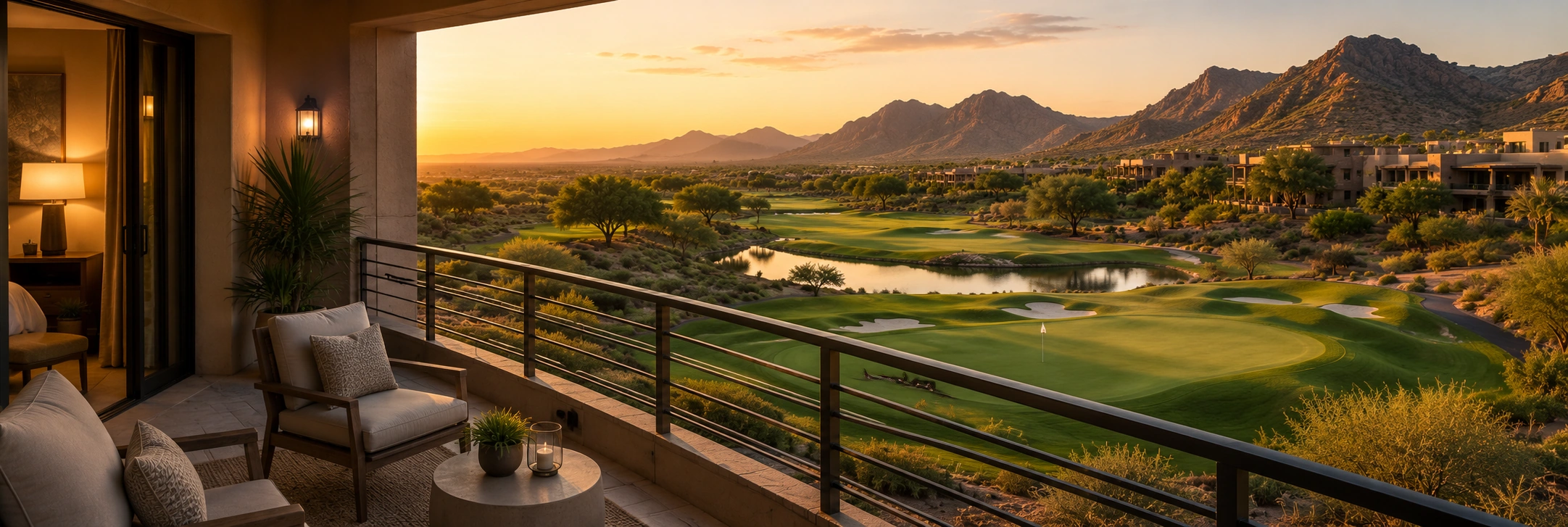 Private hotel balcony overlooking a championship golf course, lakes, and desert mountains in warm sunset light