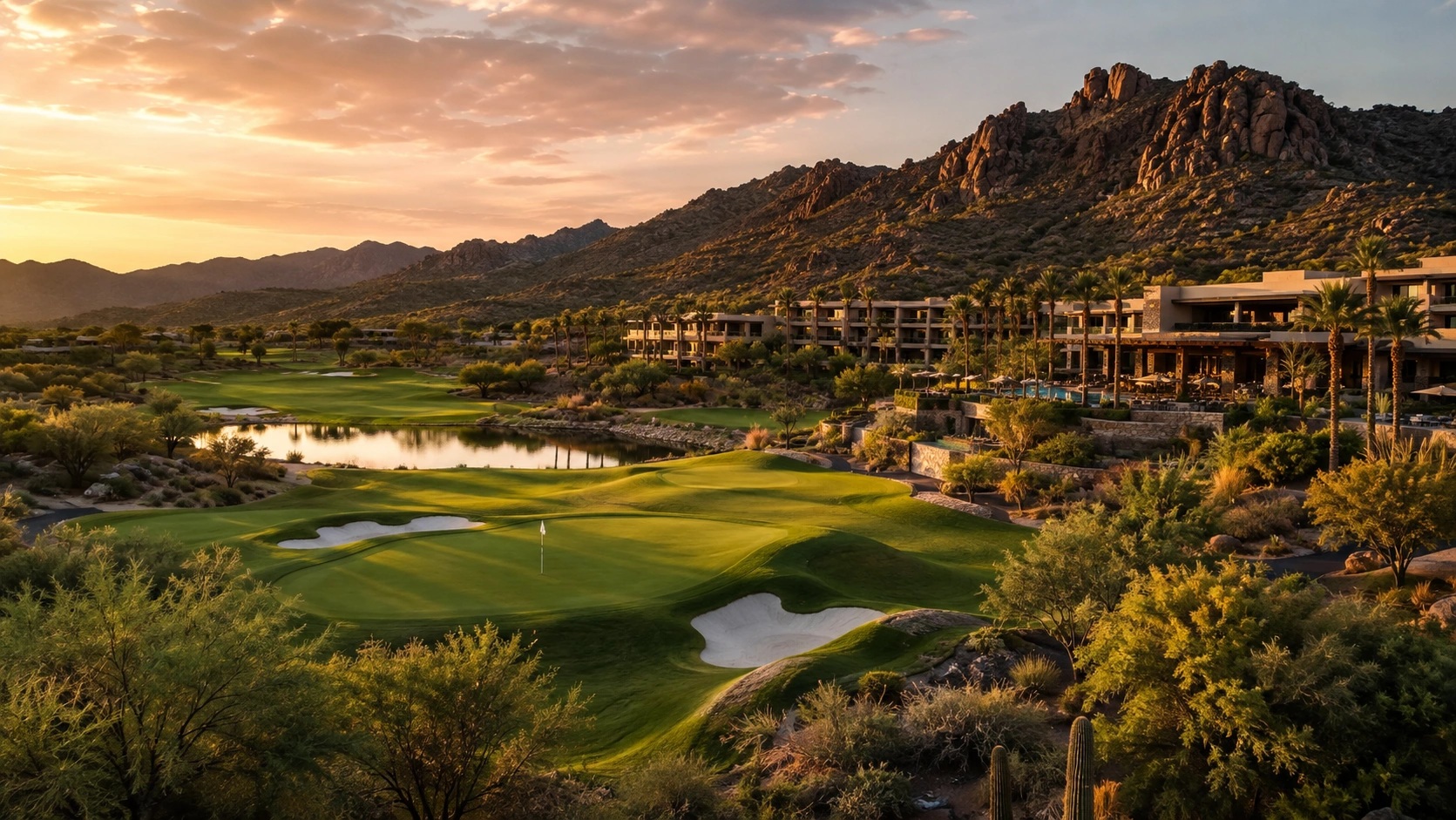 Luxury desert golf resort at sunset — championship fairways, a tranquil lake, palm trees, and Arizona mountains beyond