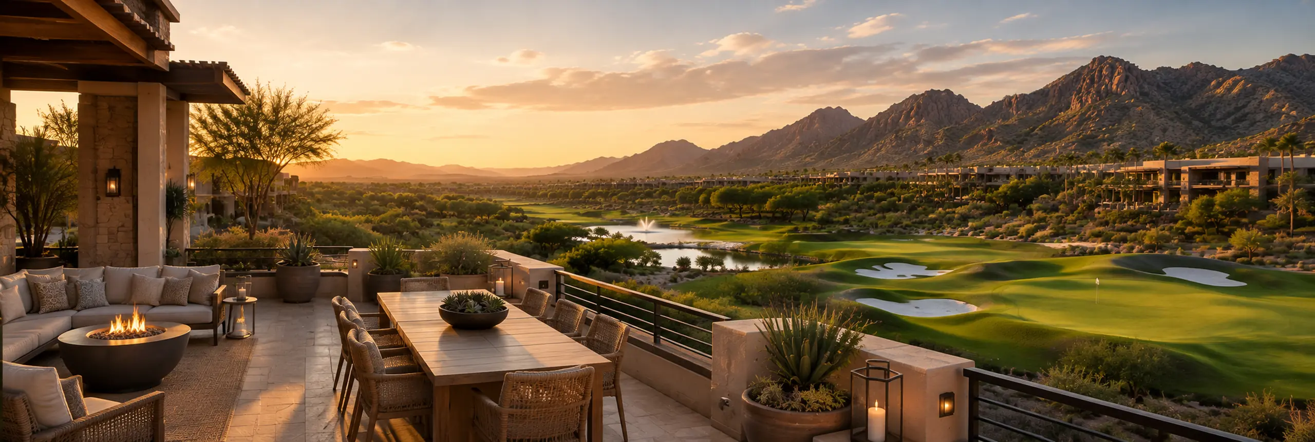 Luxury hotel terrace overlooking a championship golf course with manicured fairways, desert mountains, and warm sunset views