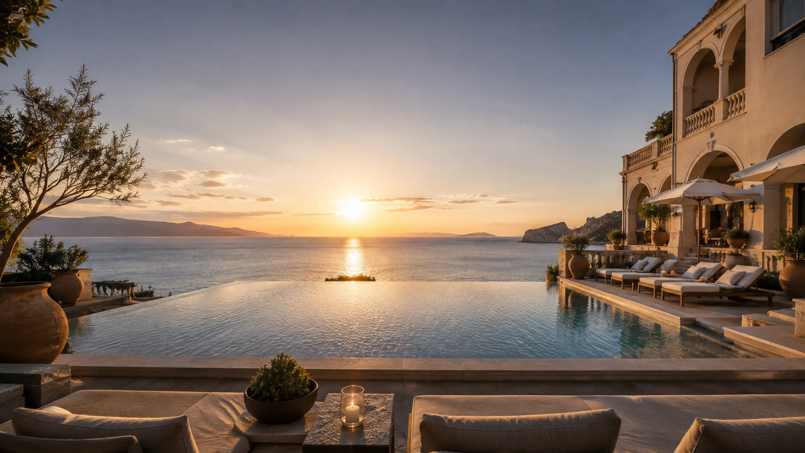 Luxury Mediterranean boutique hotel with an infinity pool overlooking the sea at golden hour, surrounded by elegant terraces and coastal views.