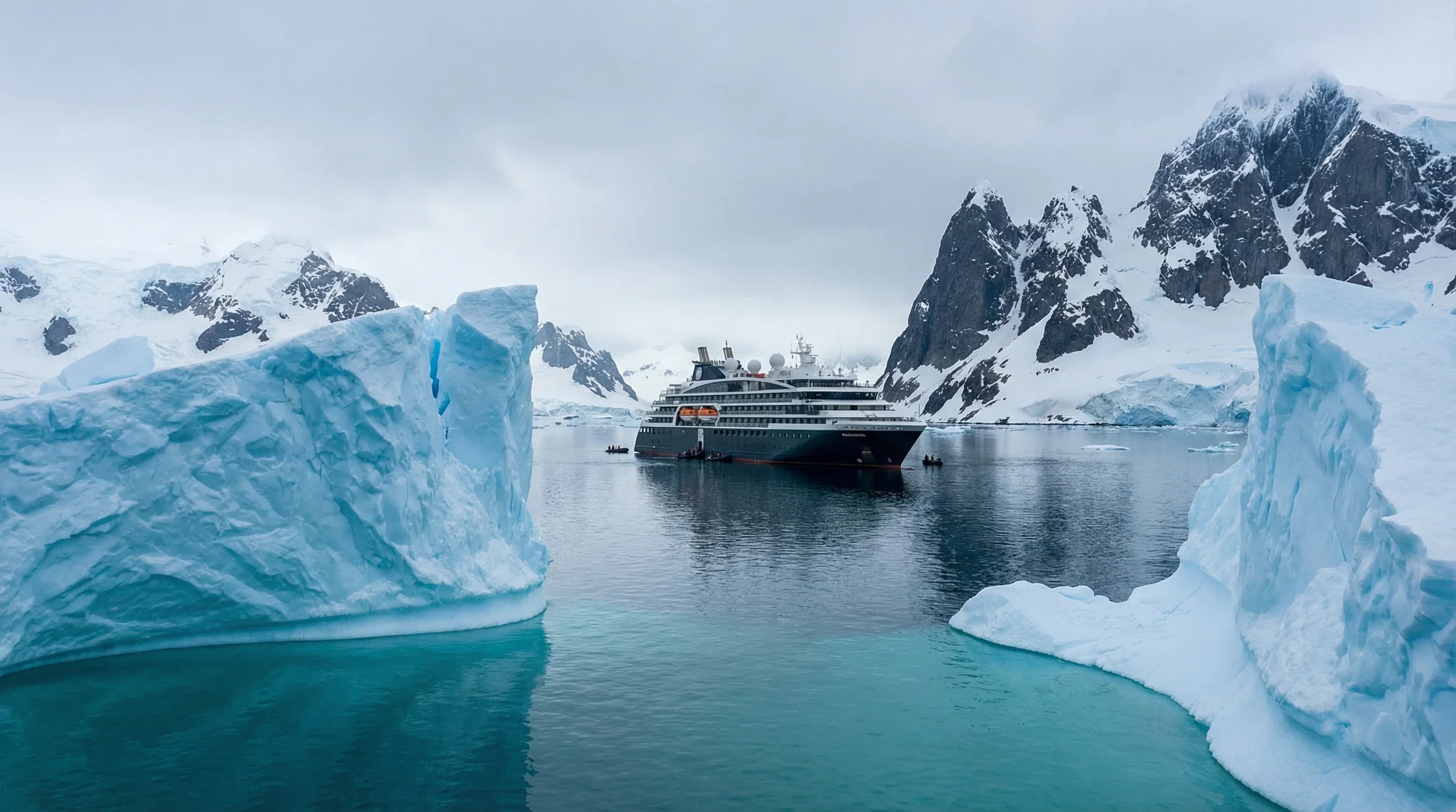 Expedition ship navigating icy Antarctic waters