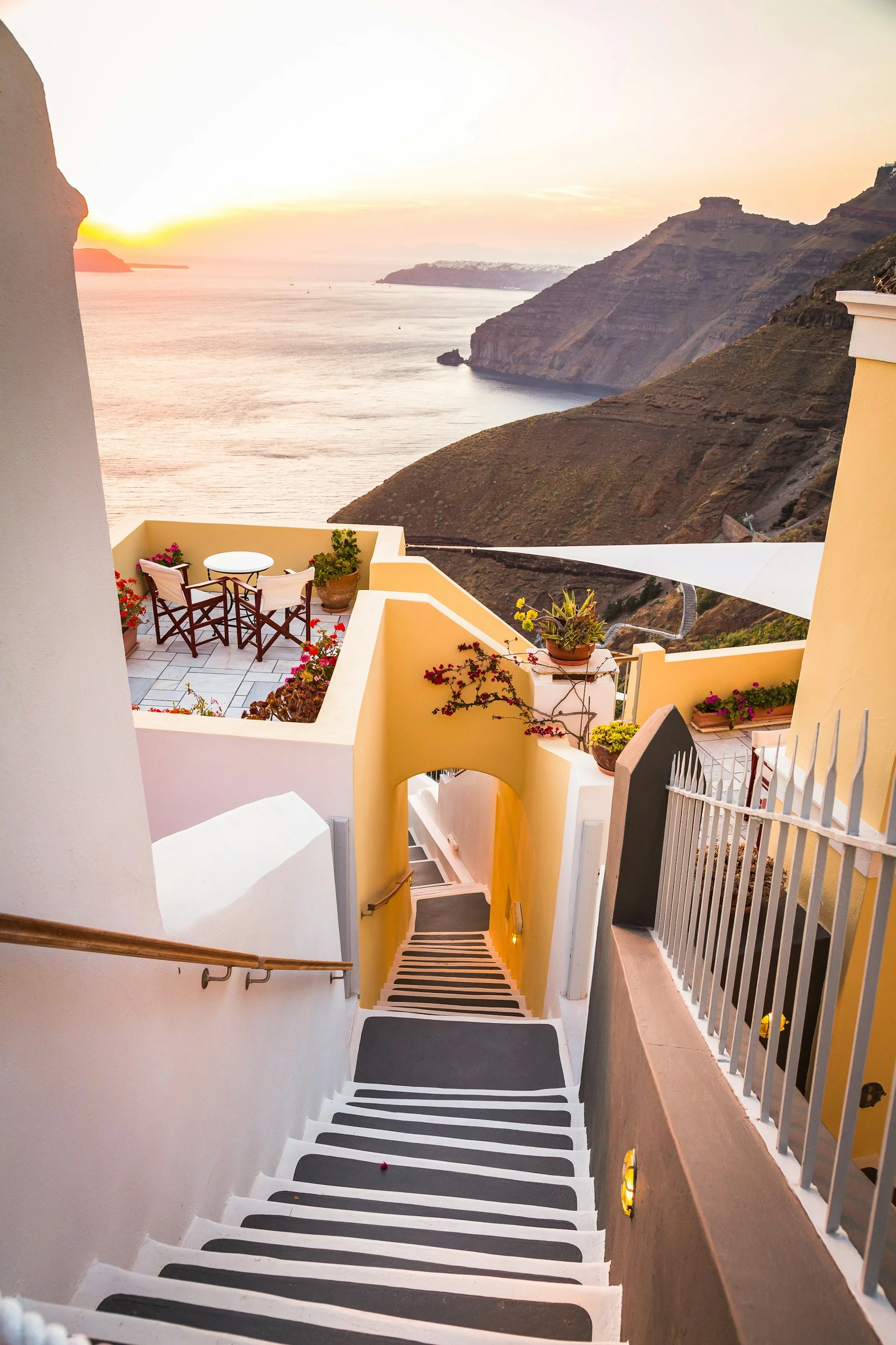 Santorini staircase at sunset